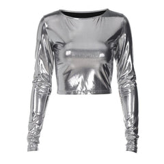 Langärmliges, einfarbiges Crop-Top mit Rundhalsausschnitt in Metallic 