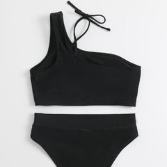 Einfarbiger Bikini mit hoher Taille und One-Shoulder-Träger und ausgehöhltem Design 