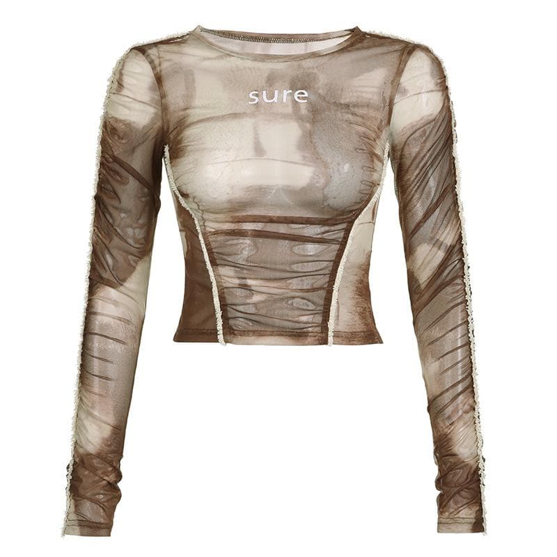 Furry tie dye sheer mesh see through long sleeve crop top