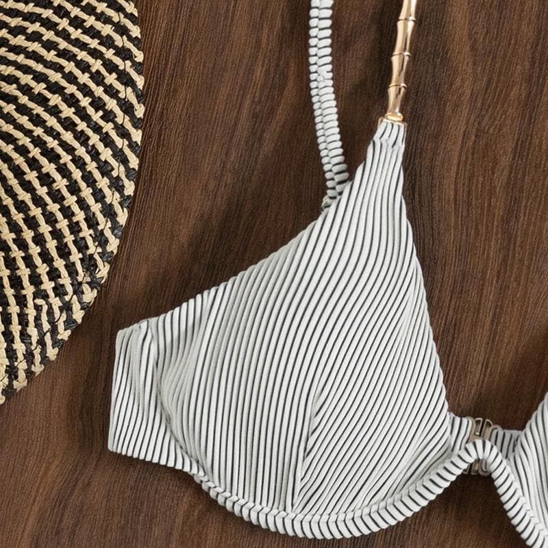 Striped metal chain cross front backless bikini swimwear