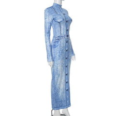 Denim print contrast high neck long sleeve maxi dress