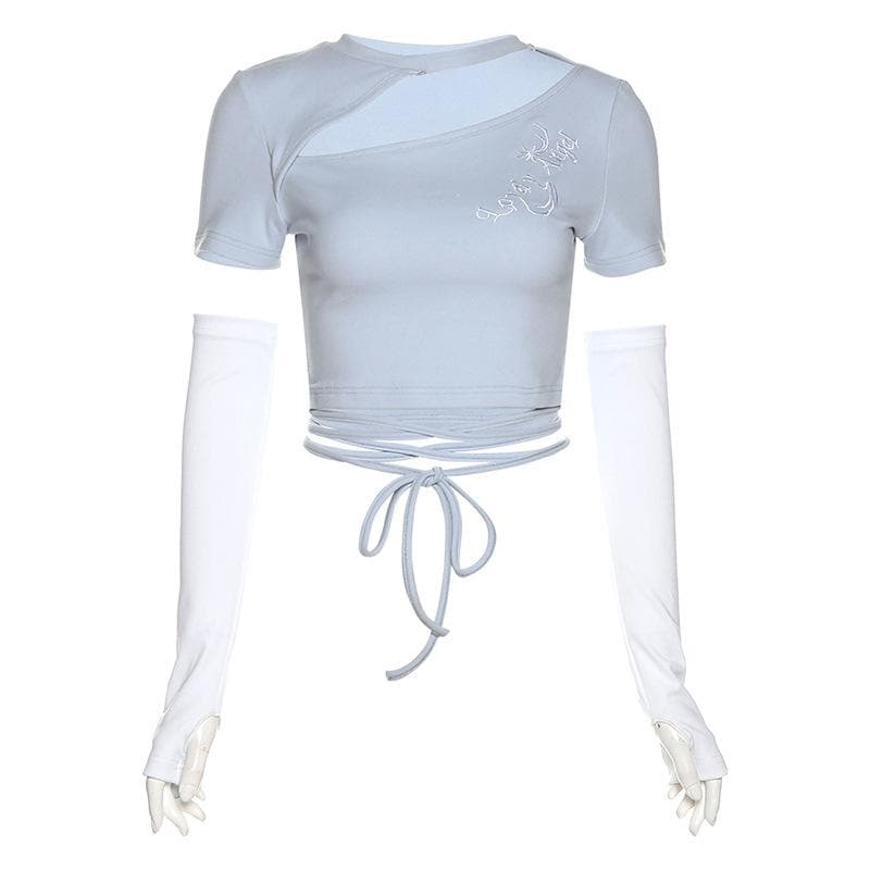 Hollow out asymmetrical embroidered short sleeve gloves crop top