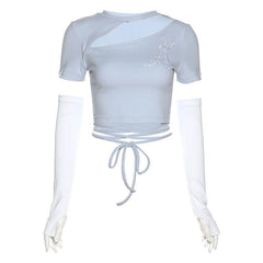 Hollow out asymmetrical embroidered short sleeve gloves crop top