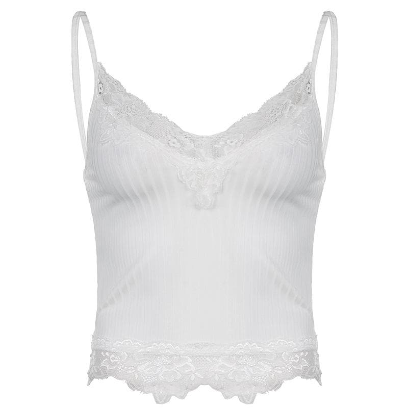 Einfarbiges Camisole-Top aus Spitze mit geripptem Saum und V-Ausschnitt