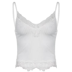 Einfarbiges Camisole-Top aus Spitze mit geripptem Saum und V-Ausschnitt