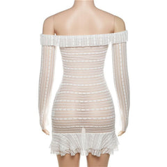 Lace see through off shoulder ruffle long sleeve solid mini dress