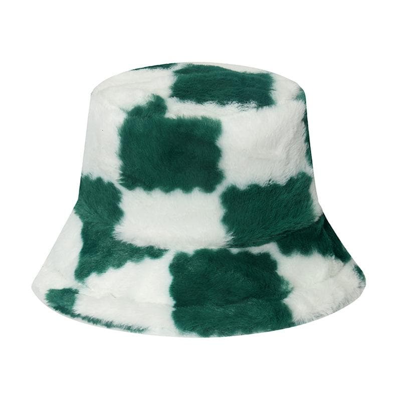 Plaid print contrast fluffy fisherman bucket hat