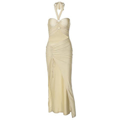 Vestido midi con cuello halter, cordón ajustable, abertura lisa, ahuecado, anillo en O, lazo automático