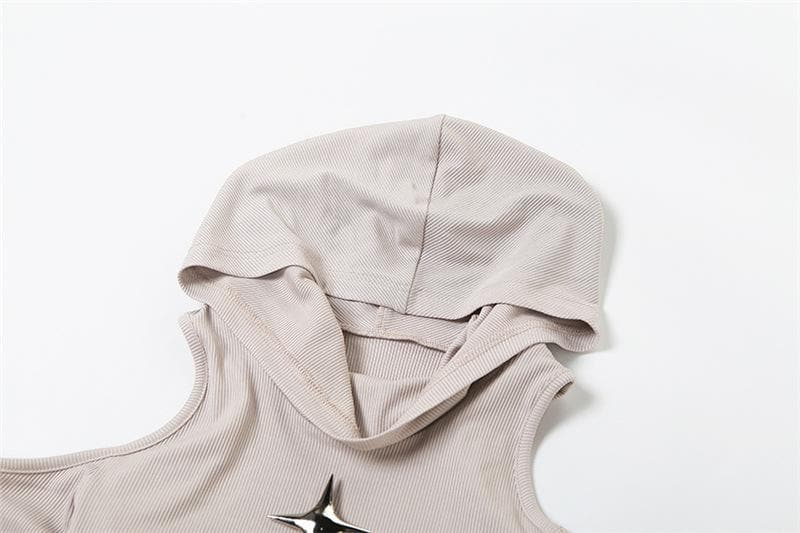 Ribbed star applique hoodie off shoulder long sleeve bodysuit