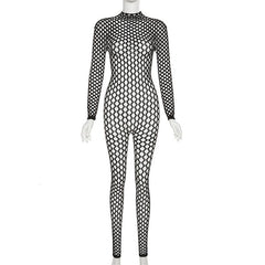 Fishnet long sleeve hollow out see through backless jumpsuit