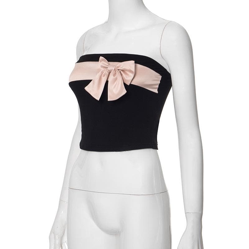 Bowknot backless patchwork contrast tube top