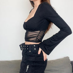 Mesh solid long flared sleeve ruched low cut crop top