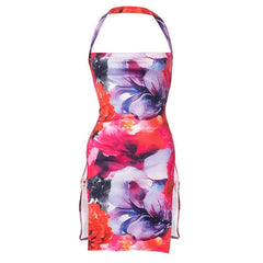 Halter backless slit o ring contrast flower print mini dress