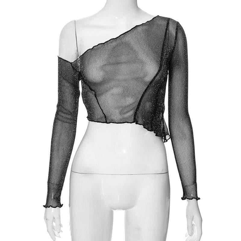 Long sleeve solid see through sheer mesh one shoulder ruffle crop top