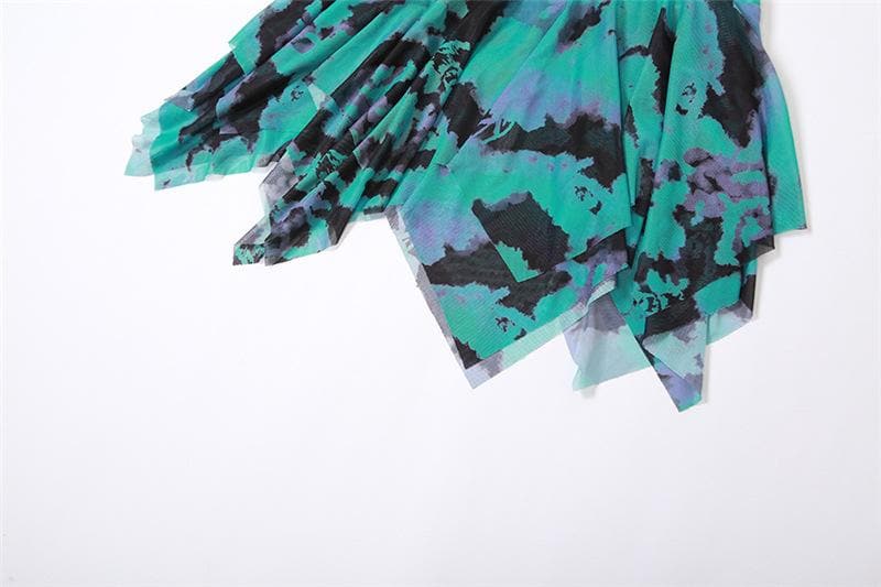 Tie dye ruched flared sleeve hollow out self tie shrug mini dress - Final Sale