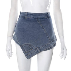 Patchwork irregular stitch 2-way zip-up denim shorts