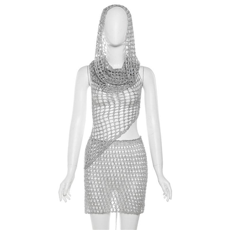 Crochet hoodie sleeveless backless hollow out irregular mini skirt set