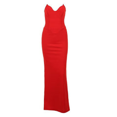 Zip-up solid v neck backless slit tube maxi dress