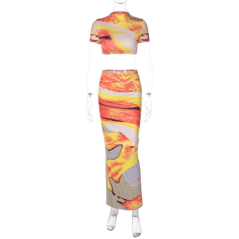 High neck short sleeve contrast maxi skirt set