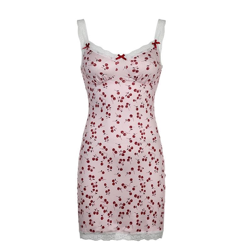 Cherry print contrast lace hem v neck sleeveless mini dress