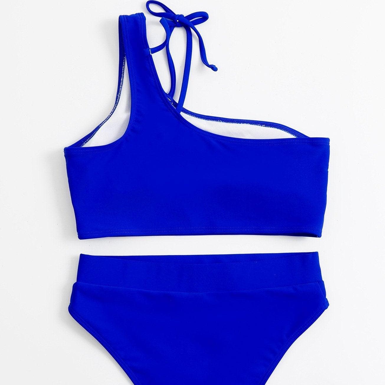 Einfarbiger Bikini mit hoher Taille und One-Shoulder-Träger und ausgehöhltem Design 