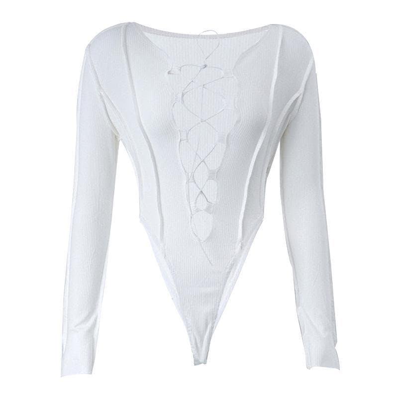 Hollow out solid long sleeve button lace up bodysuit