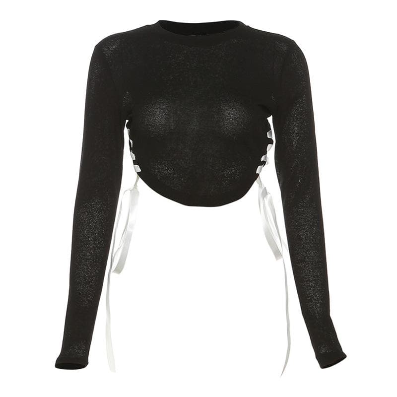 Lace up see through long sleeve contrast self tie crop top