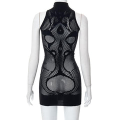 Fishnet sleeveless hollow out high neck see through mini dress