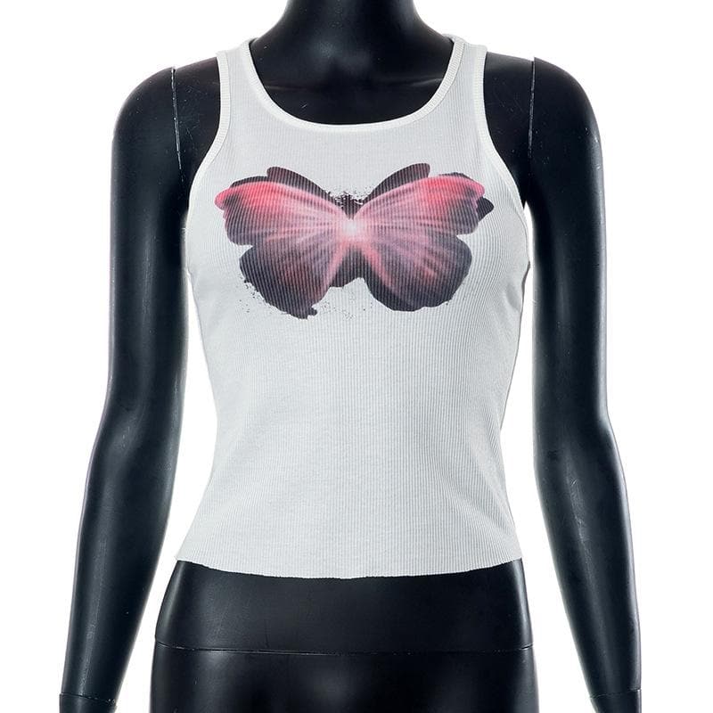 Butterfly pattern ribbed sleeveless contrast round neck top