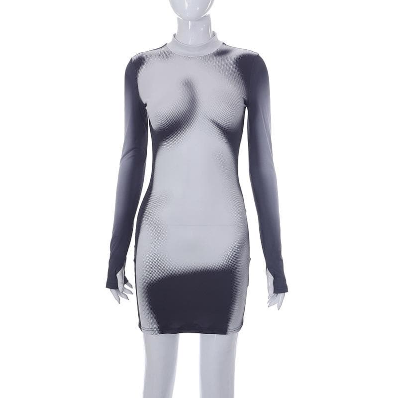 Langärmliges Minikleid mit kontrastierendem Bodyprint und Handschuhen 