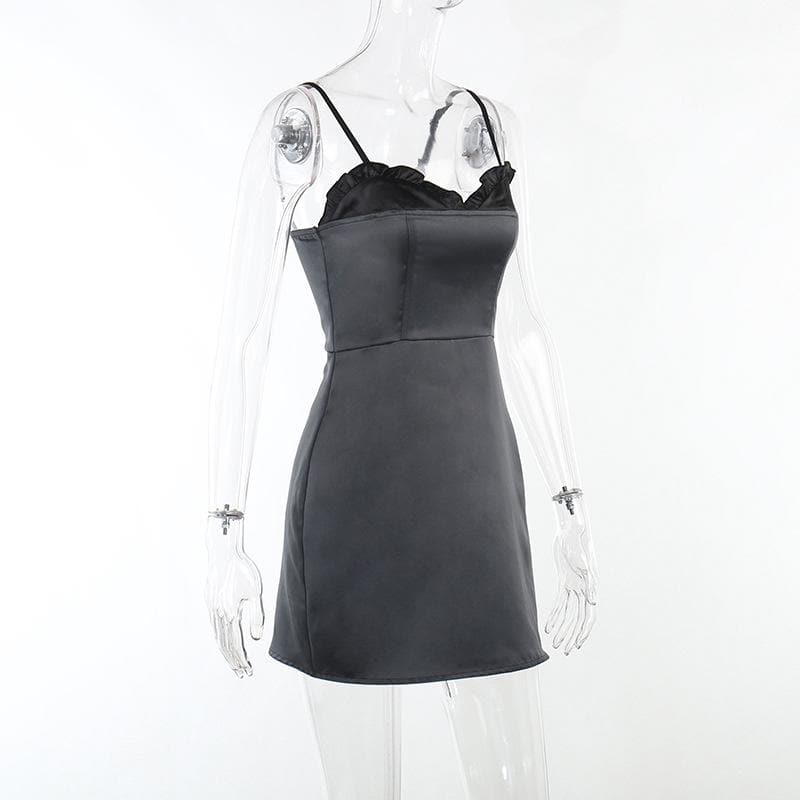 Rückenfreies Camisole-Minikleid aus Satin mit Patchwork-Rüschen und Kontrast-Reißverschluss – Schlussverkauf 