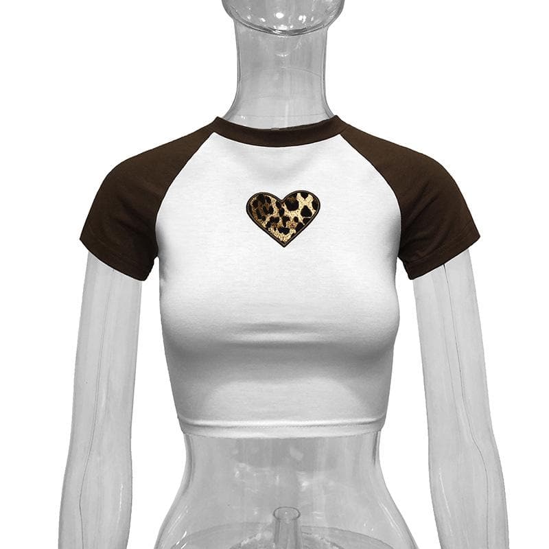 Sweetheart embroidery contrast short sleeve crop top