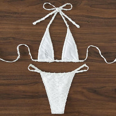 Traje de baño bikini sin espalda con lazo y cuello halter texturizado sólido