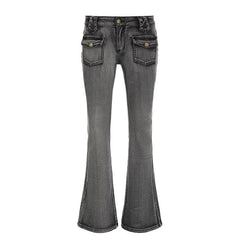 Pocket button solid low rise flared jeans