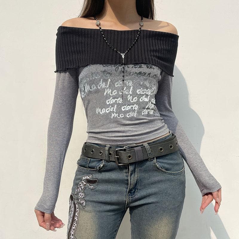 Knitted patchwork letter print long sleeve contrast off shoulder top