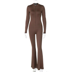 Long sleeve zip-up high neck solid flared jumpsuit