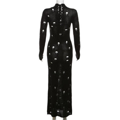 Crochet solid long sleeve high neck lace up maxi dress