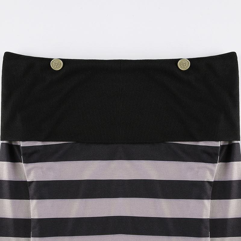 Off shoulder contrast striped button long sleeve top - Final Sale