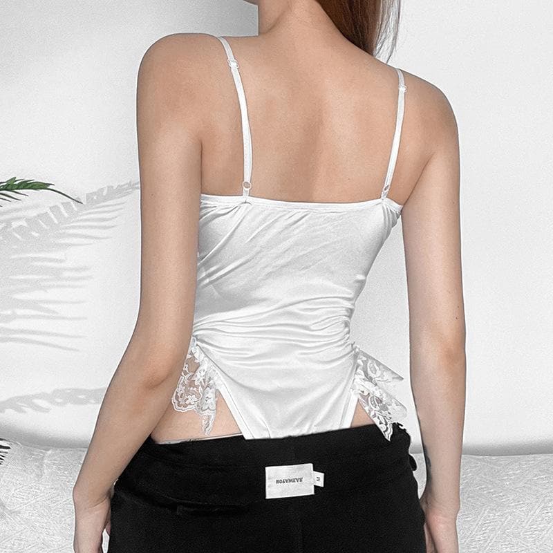 Einfarbiger, rückenfreier Camisole-Bodysuit mit Spitzenrüschen und V-Ausschnitt zum Selbstbinden 