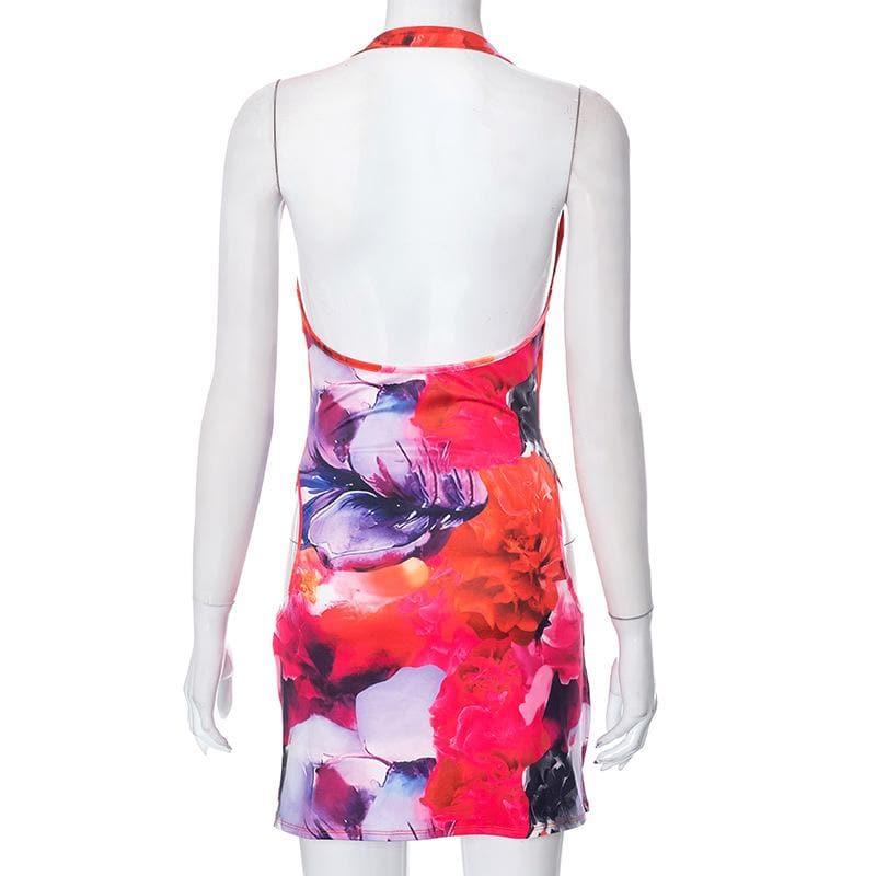 Minivestido con cuello halter, espalda descubierta, abertura en forma de O y estampado floral en contraste 