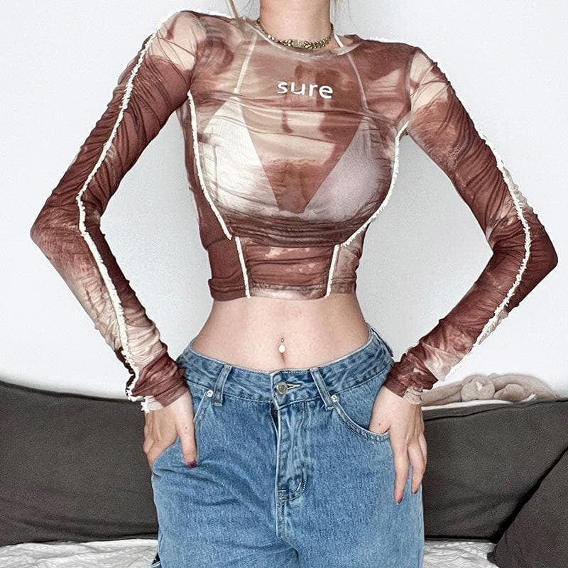 Furry tie dye sheer mesh see through long sleeve crop top