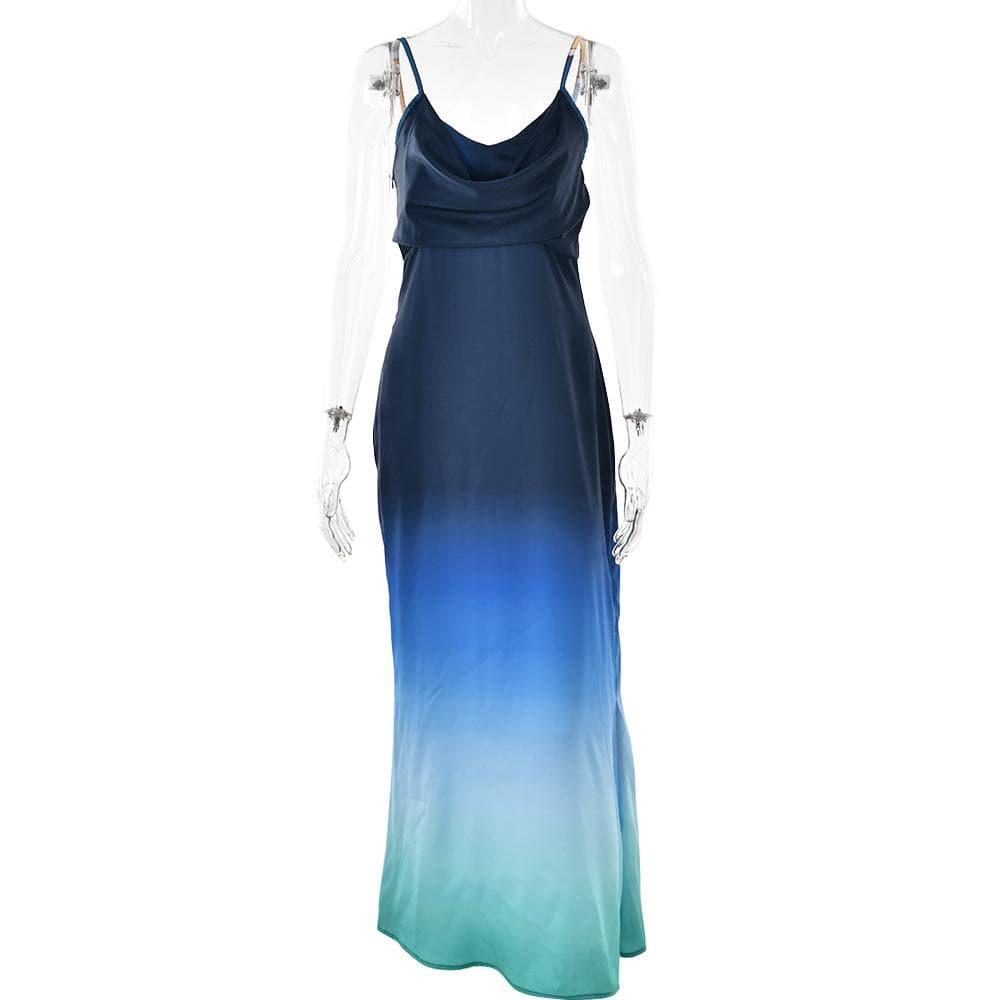 Rückenfreies, gerüschtes Camisole-Maxikleid mit Wasserfallausschnitt und Farbverlauf