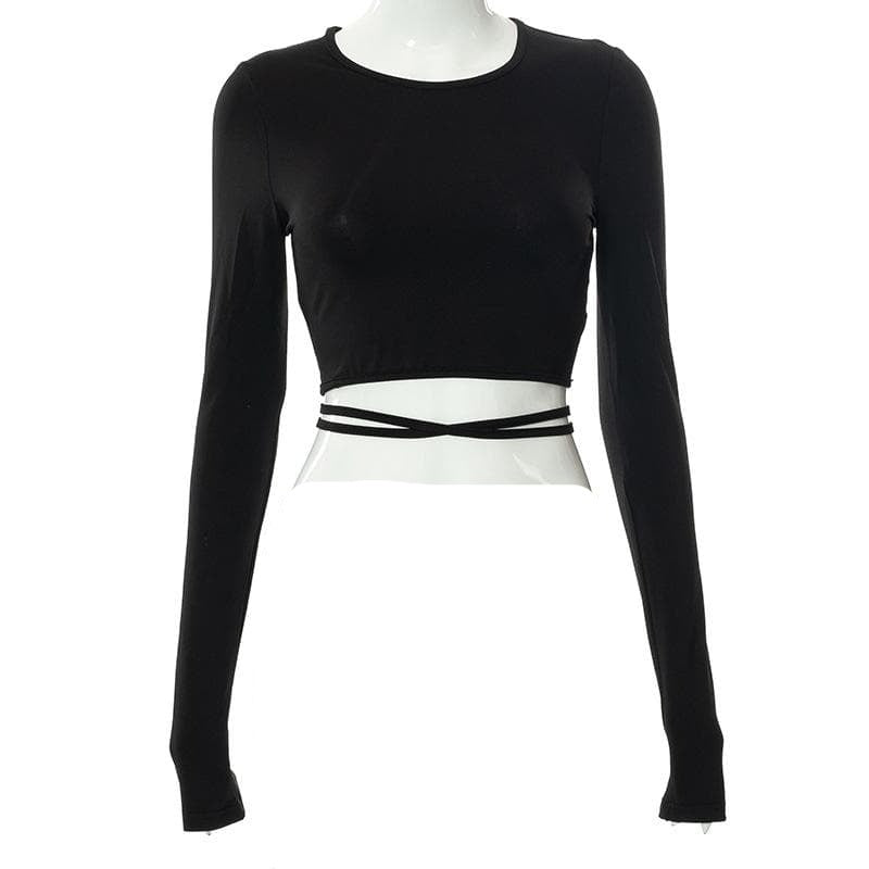 Long sleeve round neck self tie open back crop top