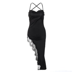 Hem lace slit satin cross open back dress