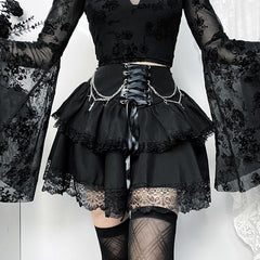 Ruched lace hem metal chain lace up zip-up mini skirt | victorian gothic dresses