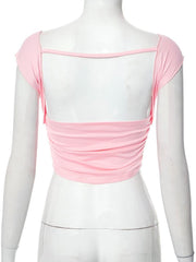 Ruched notch neck backless cap sleeve beaded crop top