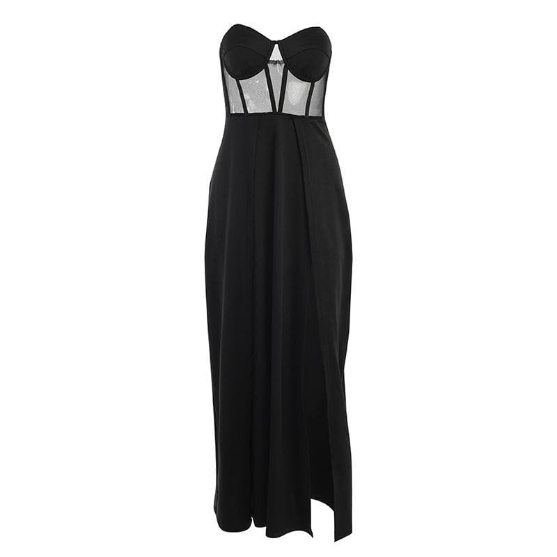 Mesh heart neck high slit pleated tube maxi dress