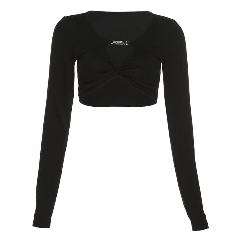 Knotted solid long sleeve metal tag low cut crop top