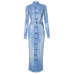 Denim print contrast high neck long sleeve maxi dress