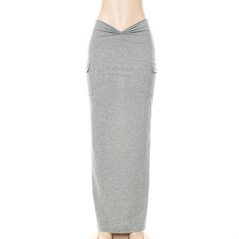 Ruched slit solid pocket high rise midi skirt